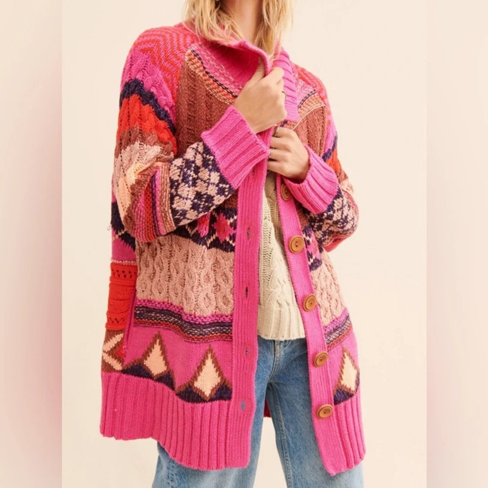 Free People Argyle Smile Cardigan in Pink